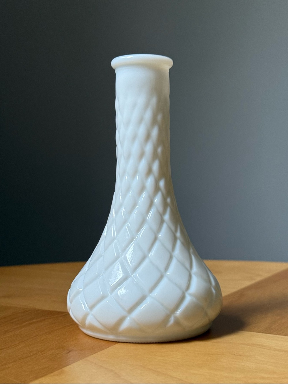Diamond Quilt Patterned c1950s Vintage Milk Glass Flower Bud Vase by Hoosier